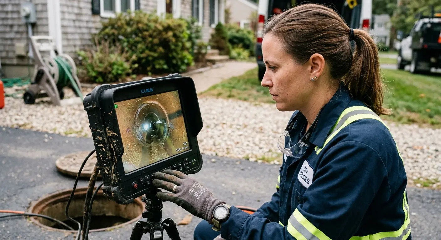 Technician reviewing sewer camera inspection footage in Concord