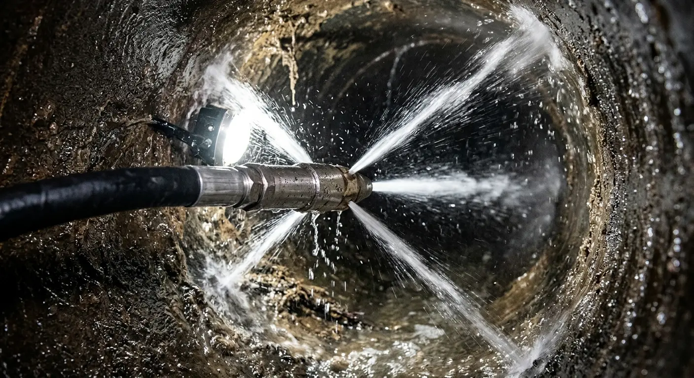 High-pressure hydro jetting nozzle cleaning sewer pipe for Trenchless Sewer Repair in Concord