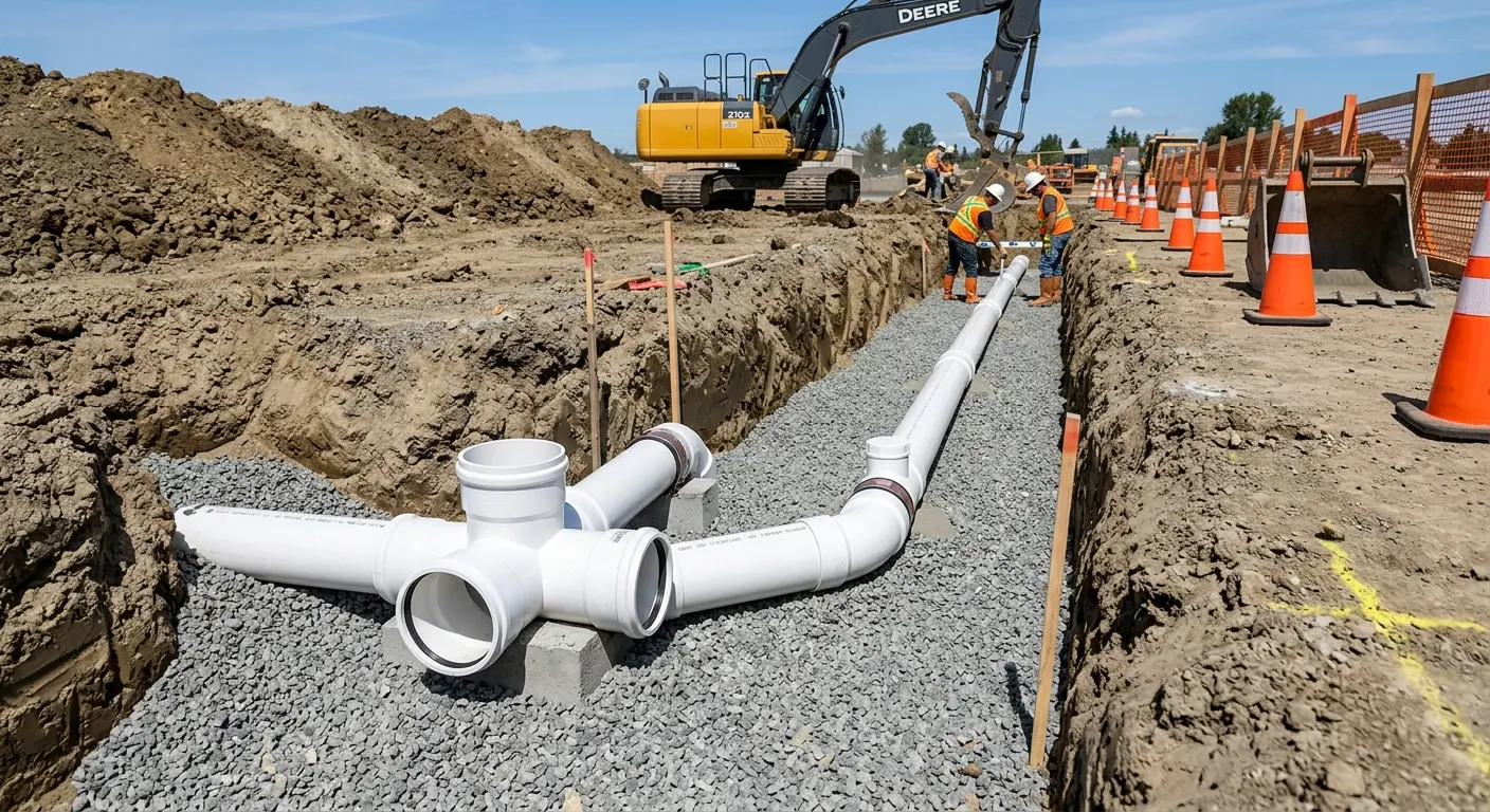 New PVC sewer pipe installation in open trench for Commercial Drain Cleaning in Concord