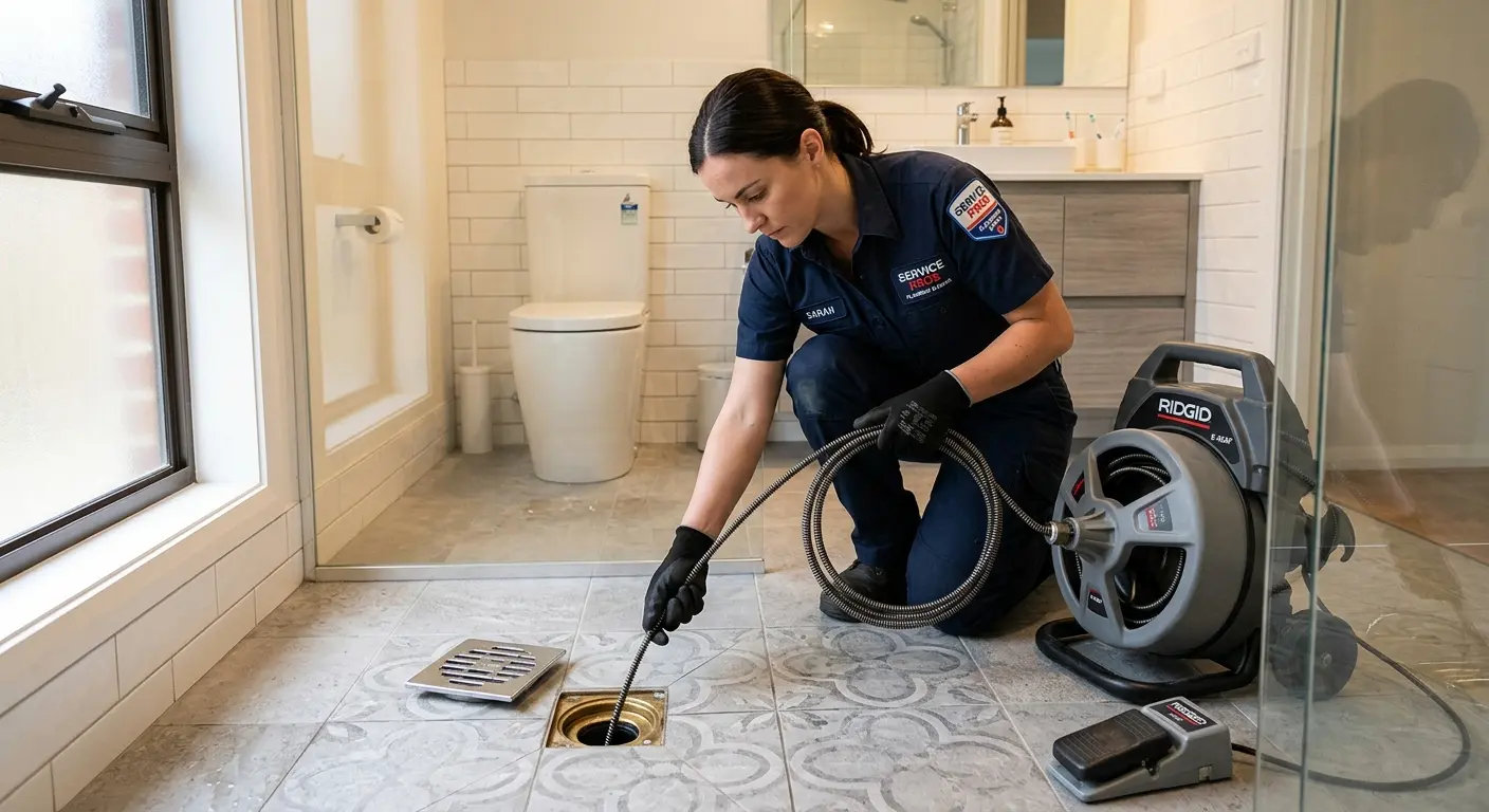 Technician clearing a bathroom floor drain for Drain Cleaning in Concord